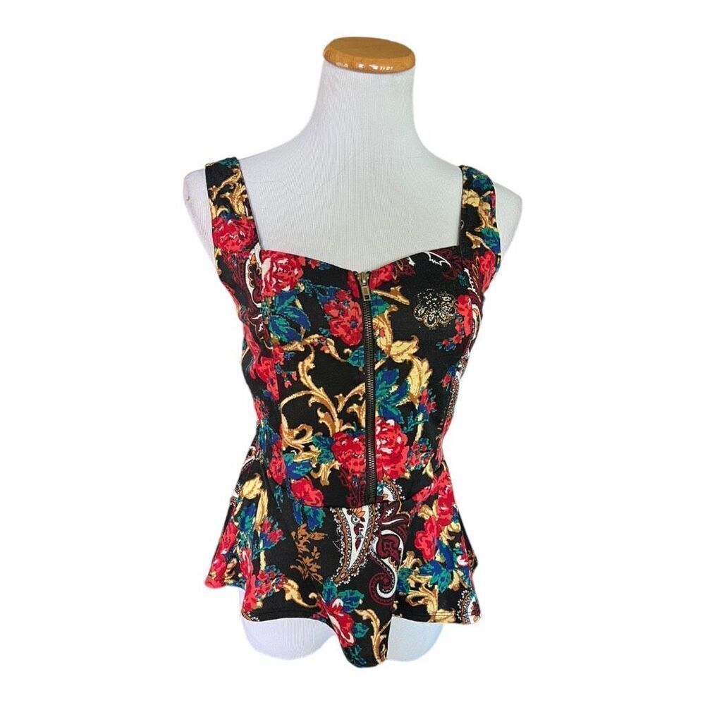 Womens Dots Floral Print Sleeveless Peplum Weekend Chic Blouse Top - Sz S